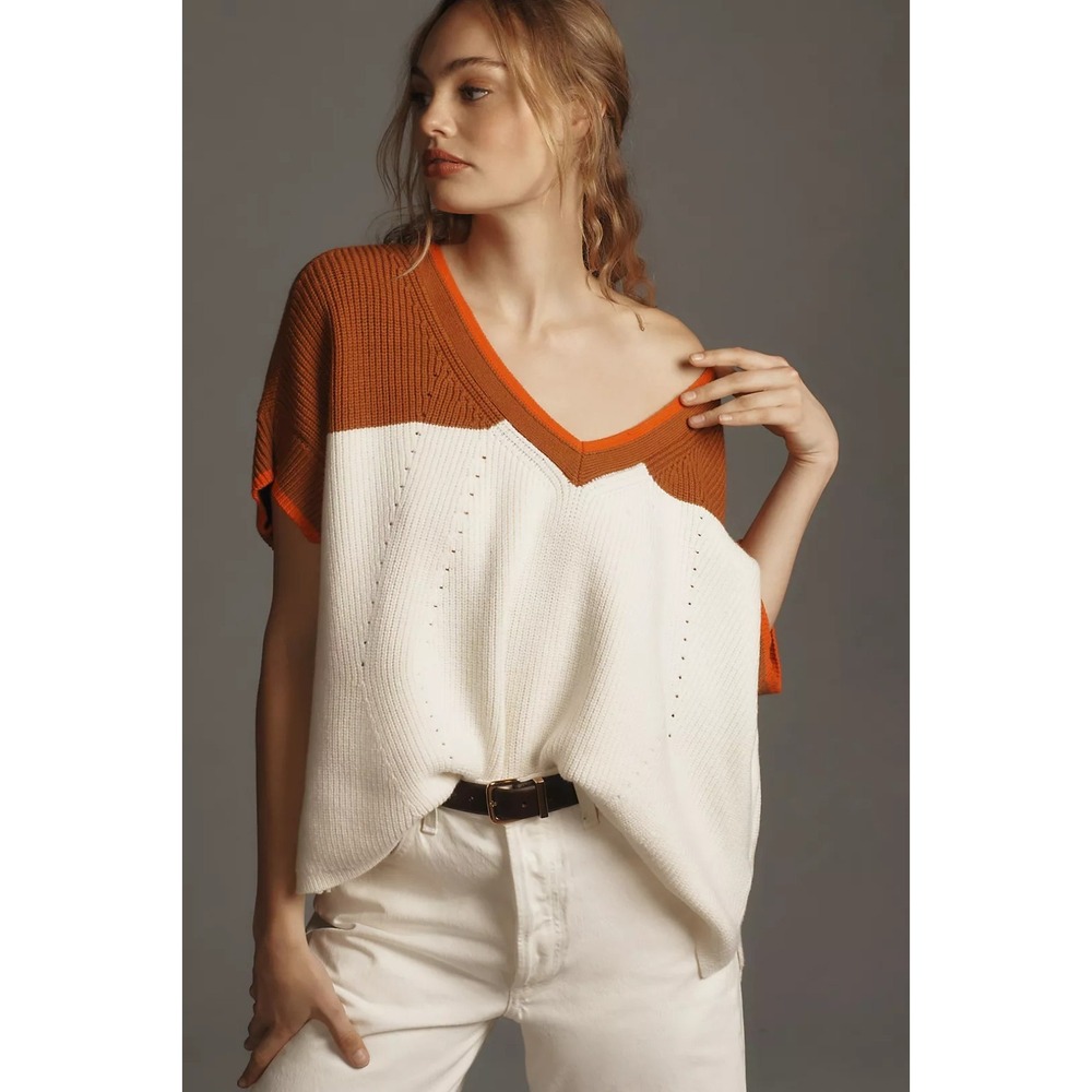 Maeve Anthropologie Cream Tan Colorblock Oversized Boxy V-Neck Sweater Tee Sz S